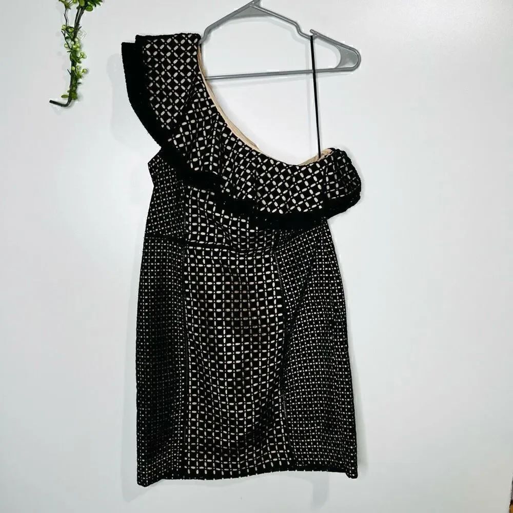 J. Crew Collection One Shoulder Eyelet Ruffle Mini Dress Black - Picture 6 of 13
